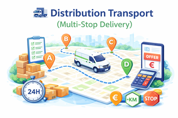 Transporte de distribución con múltiples paradas de entrega en una misma ruta, mostrando logística multiparada y precios flexibles